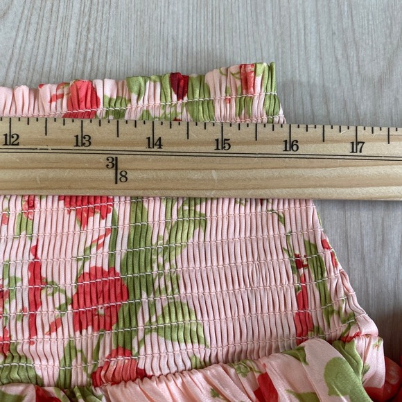 Anthropologie Boho Floral Asymmetrical Midi Skirt Size L Pink  Smocked Waist NWT - Picture 8 of 9